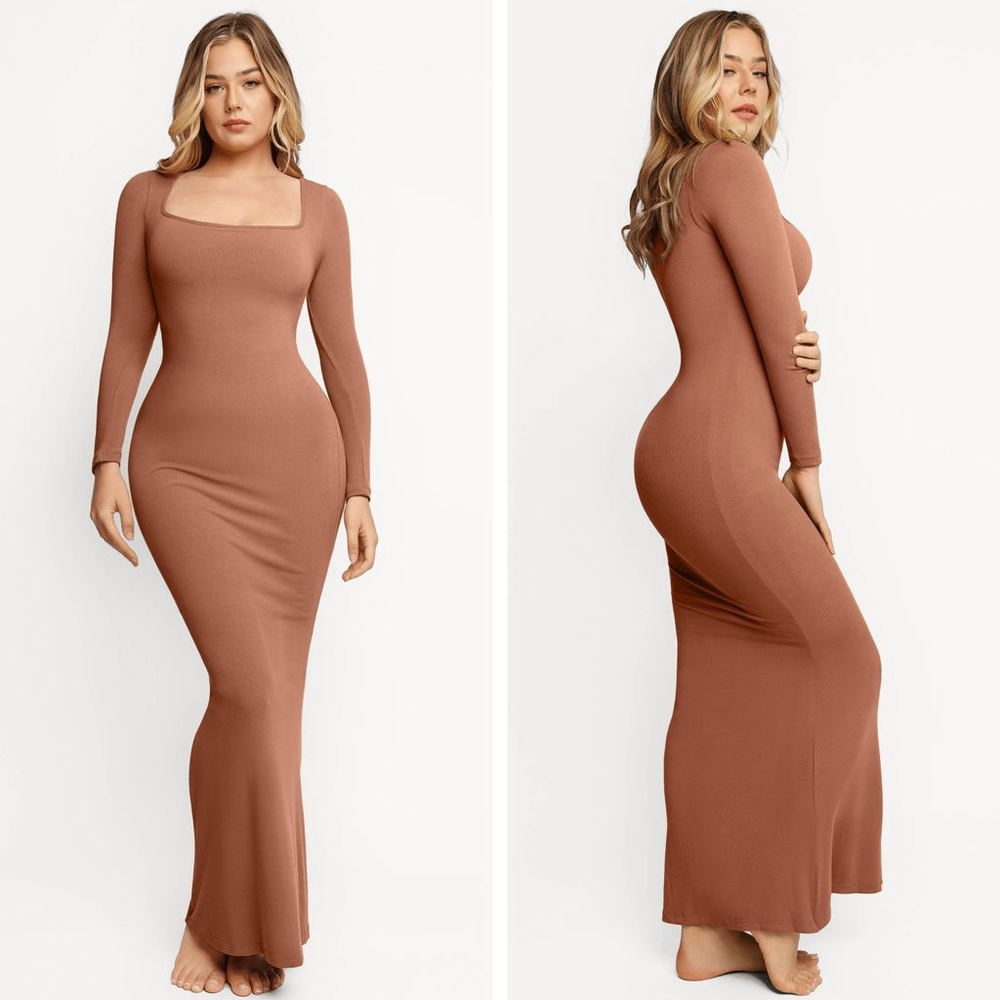 Popilush Shapewear Square Neck Long Sleeve Slimming Modal Maxi Dress brown XL NW - Picture 2 of 8